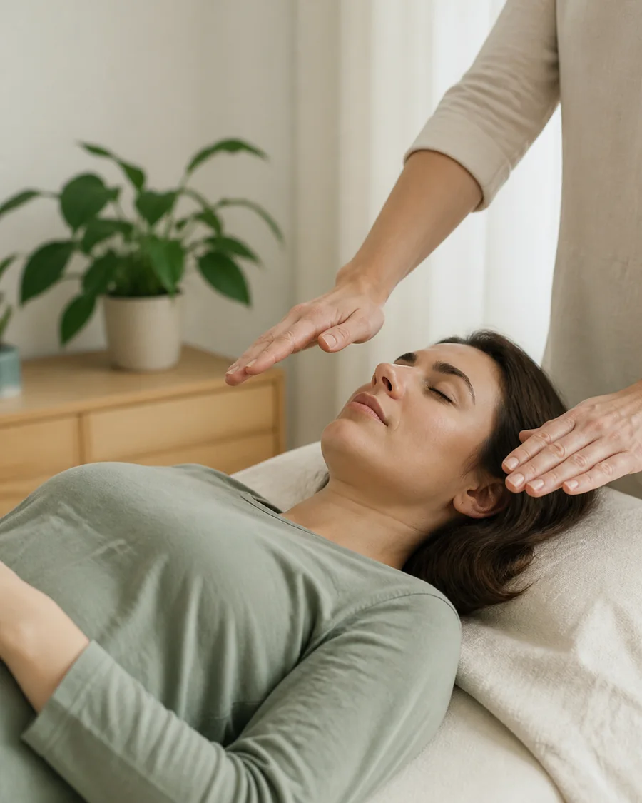 Reiki-Anwendung in einer ruhigen Praxis